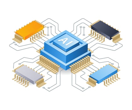 Artificial intelligence powered chip technology, flat isometric 3d illustration vector