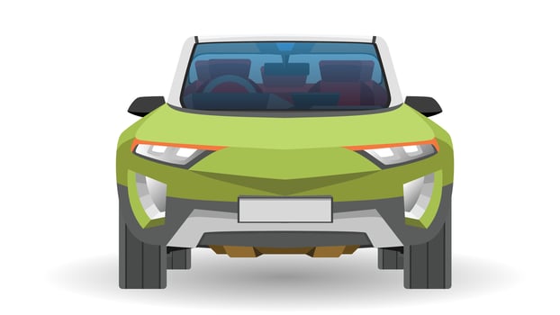 Cartoon vector or illustratoin of front view of car. Electric vehicle car green color. Separating the front and interior layers of the car. Isolated white background.