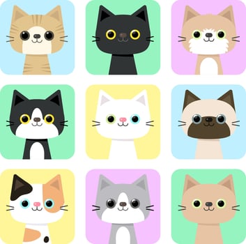 Cute hand drawn cats breed cartoon set vector illustration