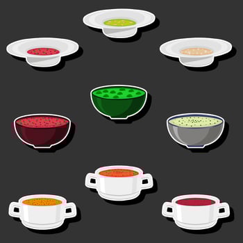 Illustration on theme big set various types beautiful tasty edible hot homemade soups vector