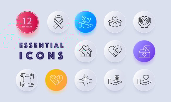 Donations icon set. Ribbon, fight cancer, hands, heart, offer, box, support, gradient, house, teamwork, bird, money, support. The concept of good nature and helping others. Neomorphism style. vector
