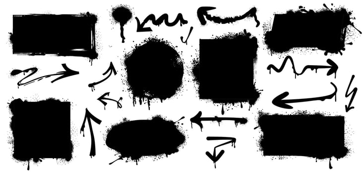 Black spray paint frames, arrows and drips. Graffiti borders in shape of rectangle, square, circle and oval isolated on white background. Vector grunge set of blobs and ink splashes with splatters