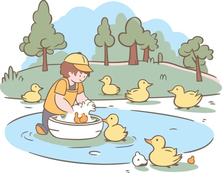 Little boy with ducklings in the water isolated on white background. vector