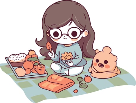 Girl sitting on the floor and playing with her toys. vector