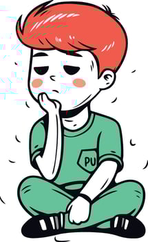 Sad boy with red hair sitting on the floor. vector