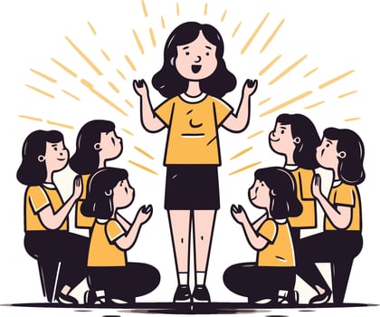 illustration of a teacher or school teacher talking with her students. vector