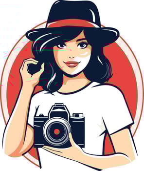 Woman in hat with camera of a girl with a camera. vector