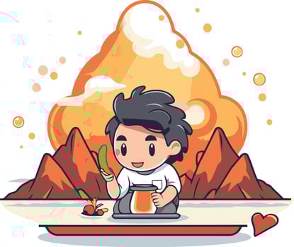 Cute boy with teapot and mountains. vector