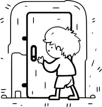 Cartoon boy opening the door of a child coming out of the door. vector
