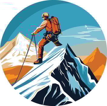 Hiker on the mountain peak in retro style. vector