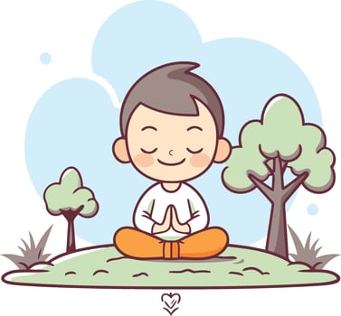 Cute little boy meditating in the park. Cartoon illustration. vector