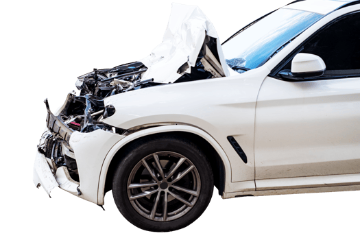 Car crash, Front and side view of white car get damaged by accident on the road. damaged cars after collision. Isolated on transparent background, car crash broken, File png