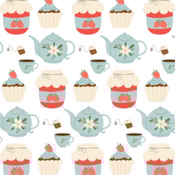 Tea party. Breakfast. Pattern with teapot, cupcake and jam in flat style. Pattern for textile, wrapping paper, background. vector