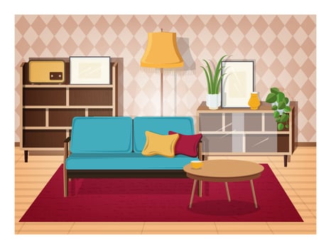 Retro interior of living room full of old-fashioned furniture and home decorations - comfy couch, coffee table, house plants, cupboard, floor lamp, radio receiver. Vector illustration in flat style.