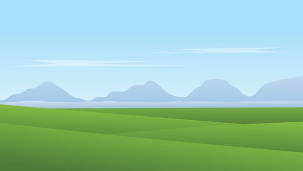 landscape cartoon scene. green field with mountains background and blue sky vector