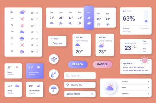 User interface elements set for Weather mobile app or web. Kit template with HUD, forecast today and tomorrow, humidity, temperature, meteorology information. Pack of UI, UX, GUI. components. vector