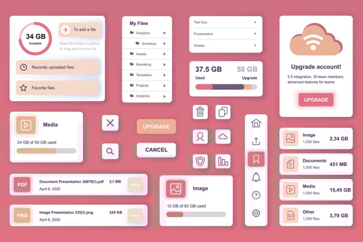 User interface elements set for Cloud storage mobile app or web. Kit template with HUD, file management, online security system, account upgrade, hosting data. Pack of UI, UX, GUI. components. vector