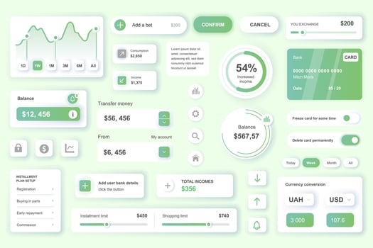 User interface elements set for Banking mobile app or web. Kit template with HUD, credit card management, income balance data, money transfer, online account. Pack of UI, UX, GUI. components. vector