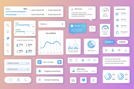 User interface elements set for Social network mobile app or web. Kit template with HUD, activity statistics, followers, income data, advertising, marketing. Pack of UI, UX, GUI. components. vector