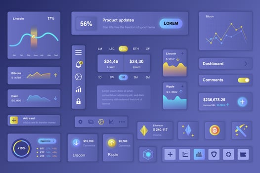User interface elements set for Cryptocurrency mobile app or web. Kit template with HUD, finance statistics, trading data, bitcoin graph, currency exchange. Pack of UI, UX, GUI. components. vector
