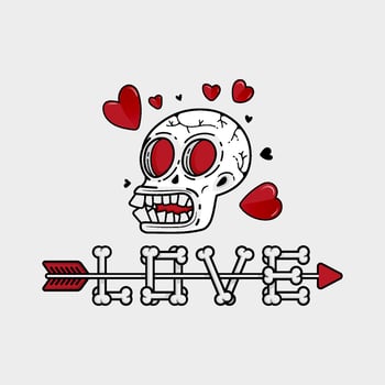 artwork illustration of skull of a lovelorn fool with a red heart around it. in outline and gothic horror cartoon style for apparel or clothing vector