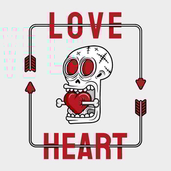 artwork illustration of skull biting a heart pierced by a bone and framed with arrows that form a box and the words HEART and LOVE. in outline and gothic horror cartoon style for apparel or clothing vector