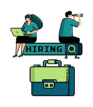 illustration of hiring with people sit on search with the words HIRING on top of briefcases for job seekers looking for vacancies vector