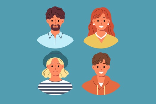 Family of mom and dad and teenage children smiling at screen, for avatars or profile photos vector