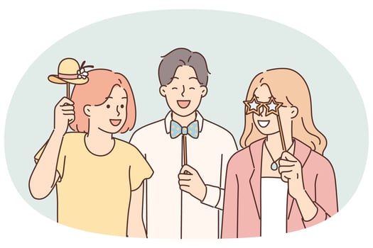 Cheerful friends with photo props pose for joint picture during birthday party or holiday festival vector