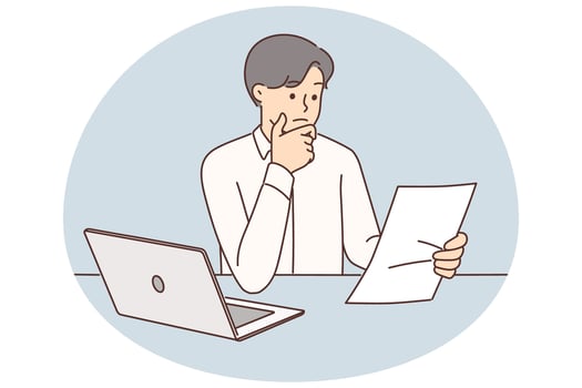 Embarrassed businessman with documents from bank or tax office sitting at table with laptop vector