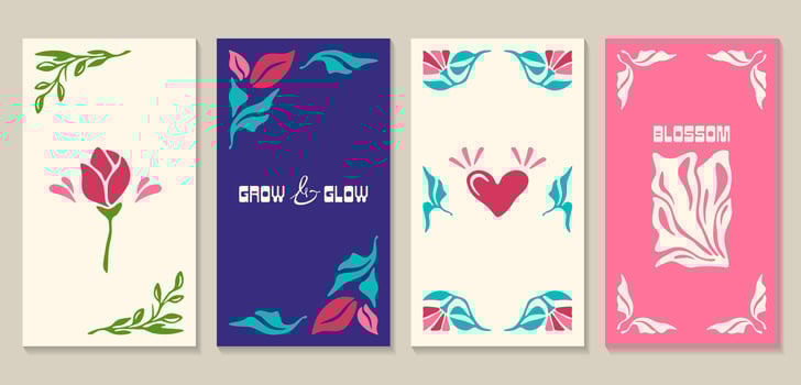 Abstract floral posters set with flowers and leaves in matisse minimal style. Modern naive groovy interior decorations. Trendy botanical wall arts, frames with floral design vector illustration