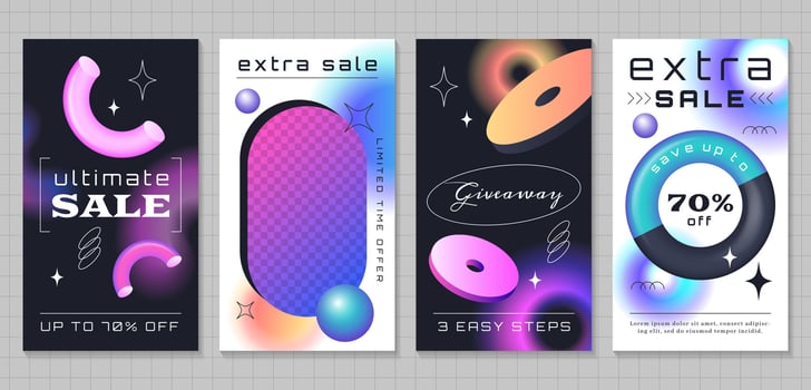 Set of sale trendy posters for social media. Cover, ig story template with gradient geometric shapes and frame for text. Modern banners with 3d realistic colorful objects different forms for promo, ad vector