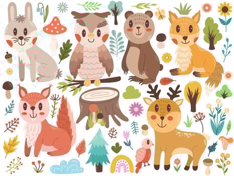 Vector set of forest animals - hare, owl, bear, fox, squirrel and deer. Cartoon cute character illustration