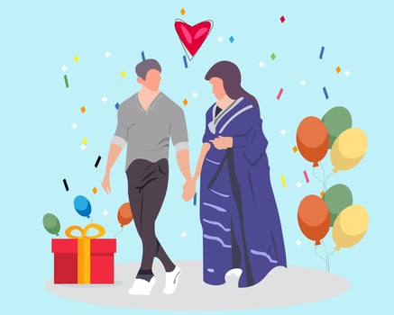 Love tenderness and romantic feelings concept. Sweet Couple Holding Hands Celebrating Valentine Illustration. vector