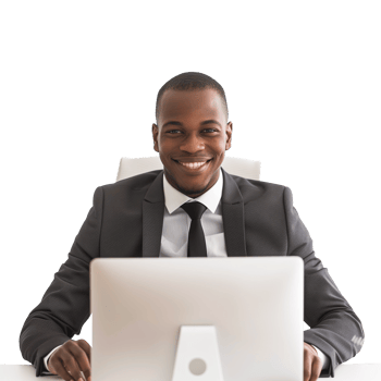 AI generated Professional businessman smiling behind computer with transparent background png