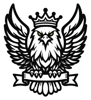 AI generated minimalist illustration of an eagle with crown on its head all in black and white png