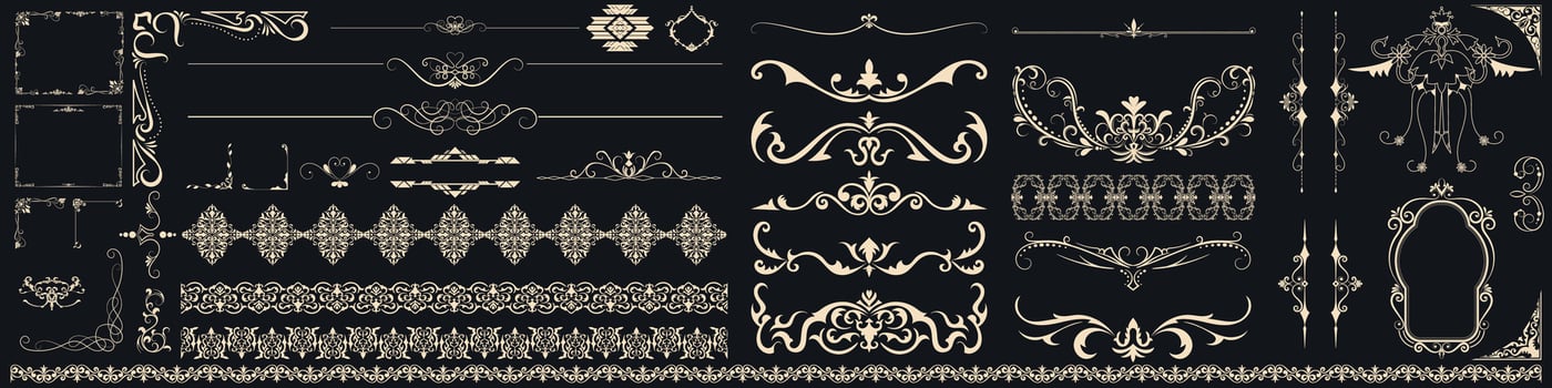 The Vintage Line Decoration Set includes a decorative paper frame, text box, and scrolling floral border using a rose gold line design with a vintage corner tapestry border. vector