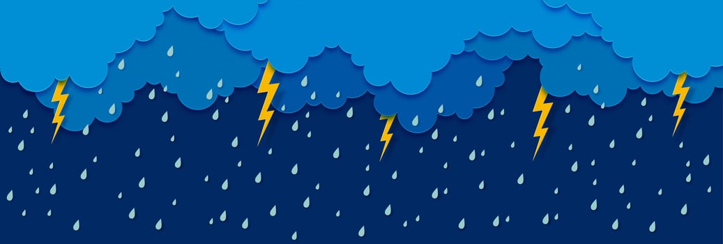Paper cut rain with sky clouds, drops, flashes vector