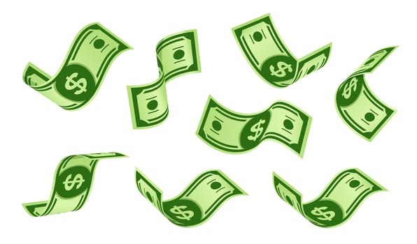Falling cash bills flying cartoon dollar banknotes vector