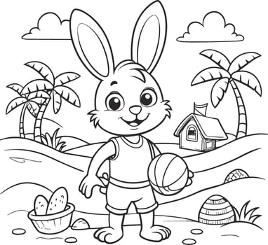 Illustration of Easter Bunny with ball on the Beach for Coloring Book. kid coloring page vector