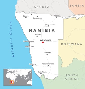 Namibia Political Map with capital Windhoek, most important cities with national borders vector