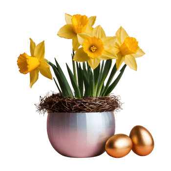 AI generated Daffodil flowers in an aluminum vase with a gold wrapped easter egg group in a bird nest isolated png