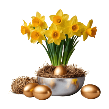 AI generated Daffodil flowers in an aluminum vase with a gold wrapped easter egg group in a bird nest isolated png