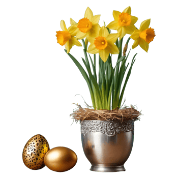 AI generated Daffodil flowers in an aluminum vase with a gold wrapped easter egg group in a bird nest isolated png