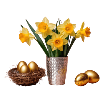 AI generated Daffodil flowers in an aluminum vase with a gold wrapped easter egg group in a bird nest isolated png
