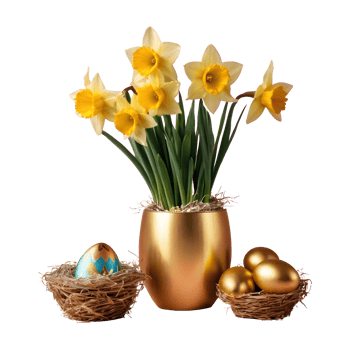 AI generated Daffodil flowers in an aluminum vase with a gold wrapped easter egg group in a bird nest isolated png