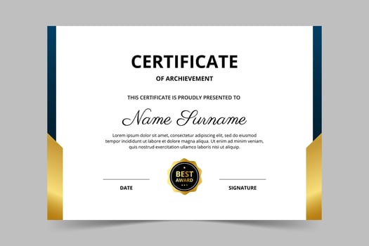 Modern elegant blue and gold certificate template. Appreciation for business and education. illustration vector