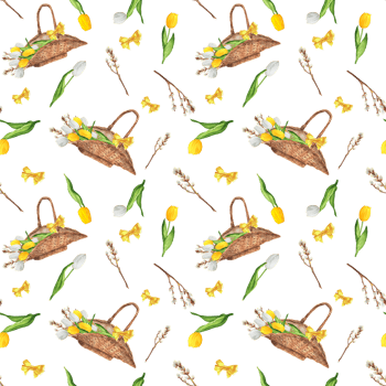 Hand-drawn watercolor illustration. Seamless Provence pattern with wicker basket with white and yellow tulips, pussy-willow branches, yellow bows png