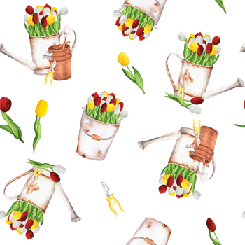 Hand-drawn watercolor illustration. Seamless pattern with garden watering can, yellow, red and white tulips, garden buckets, flowerpots and garden tools png