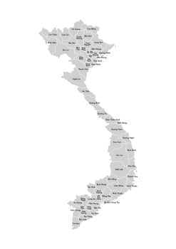 isolated illustration of simplified administrative map of Vietnam. Borders and names of the provinces, regions. Grey silhouettes. White outline vector